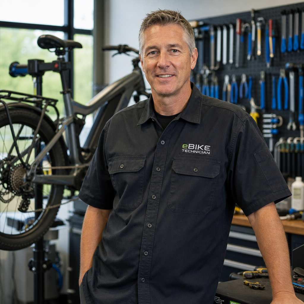 Sean Lupton, Founder & Editor-in-Chief of ElectricBikes.com, in the e-bike workshop