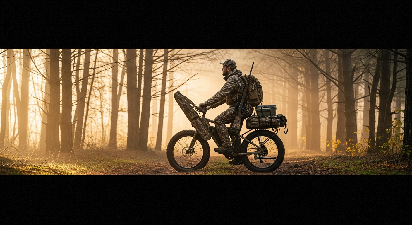 Hunter on a camouflage fat-tire e-bike on a forest trail
