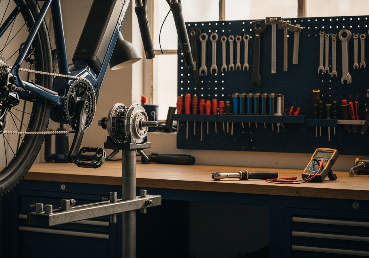 Professional e-bike repair workshop — disassembled mid-drive bike on a stand, organized tool pegboard, torque wrench and multimeter on the bench