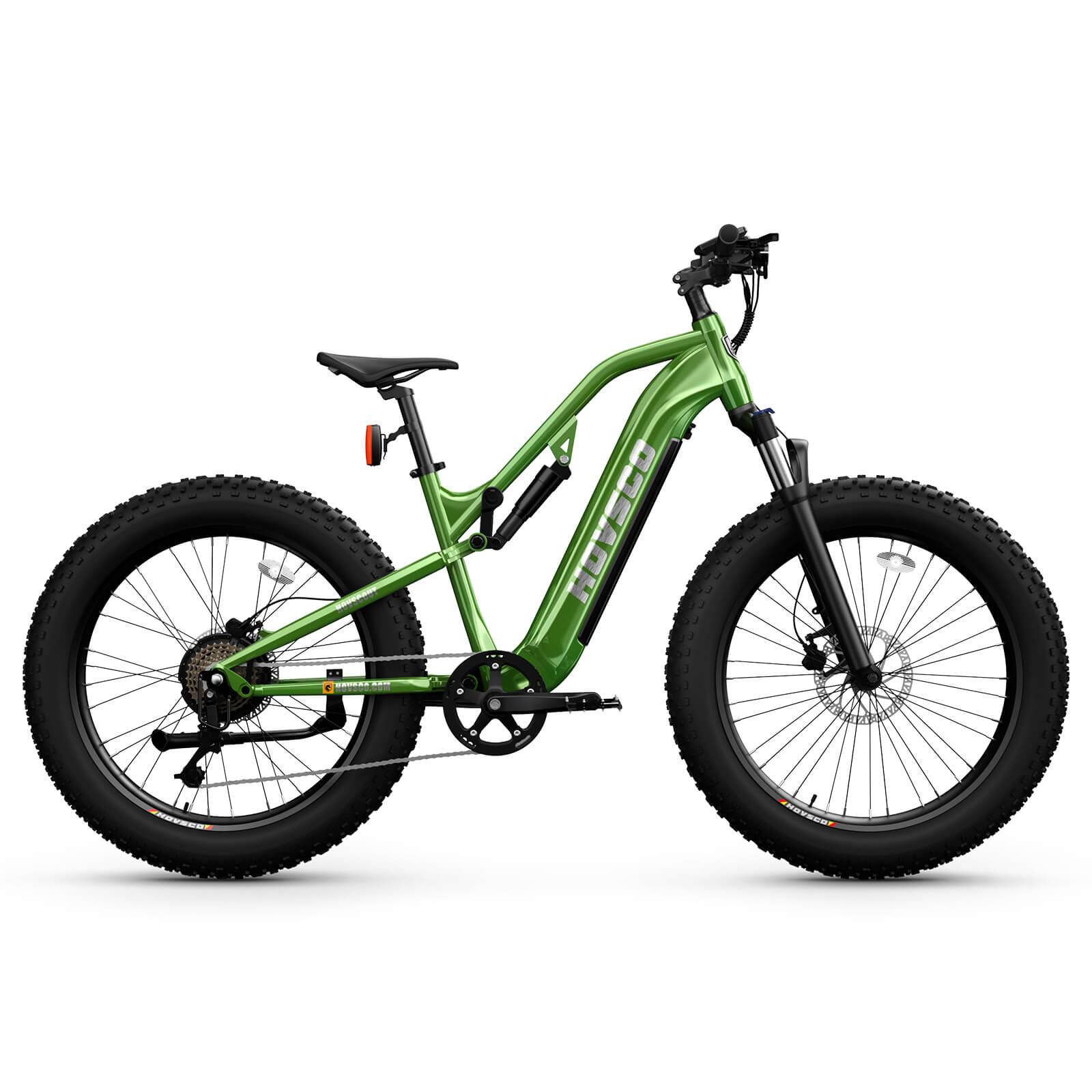 HOVSCO HovScout full-suspension fat-tire e-bike in green, official studio photograph