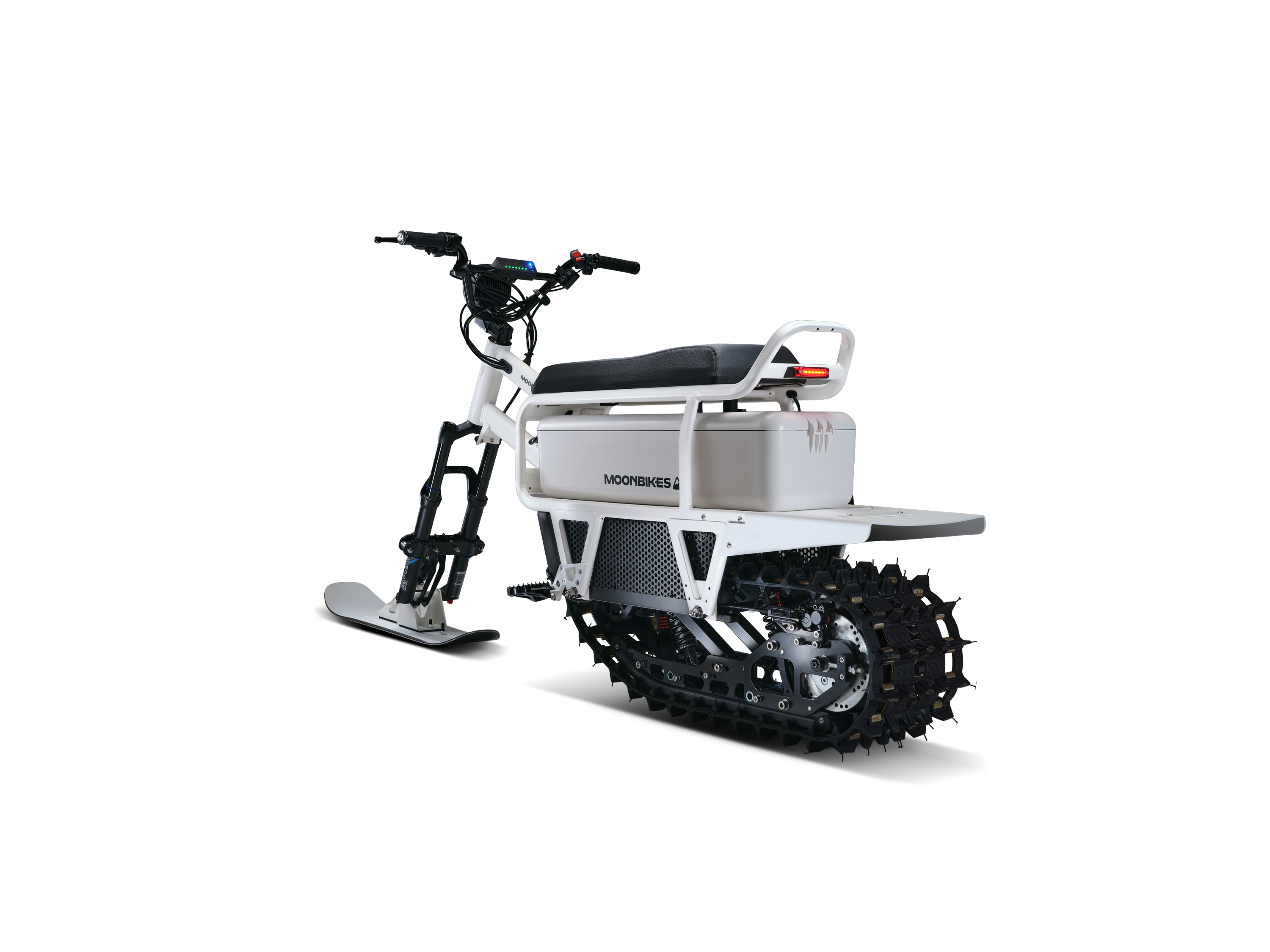 MoonBikes Moonbike electric snow bike in white, angle view