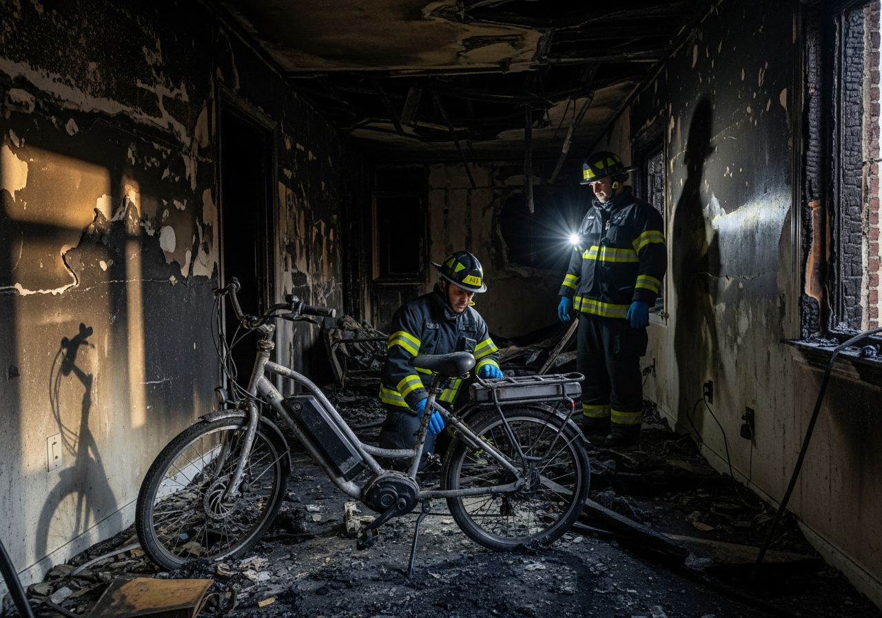 FDNY investigators document a ground-floor apartment fire. The vast majority of fatal cases occur while a non-certified pack is charging overnight.