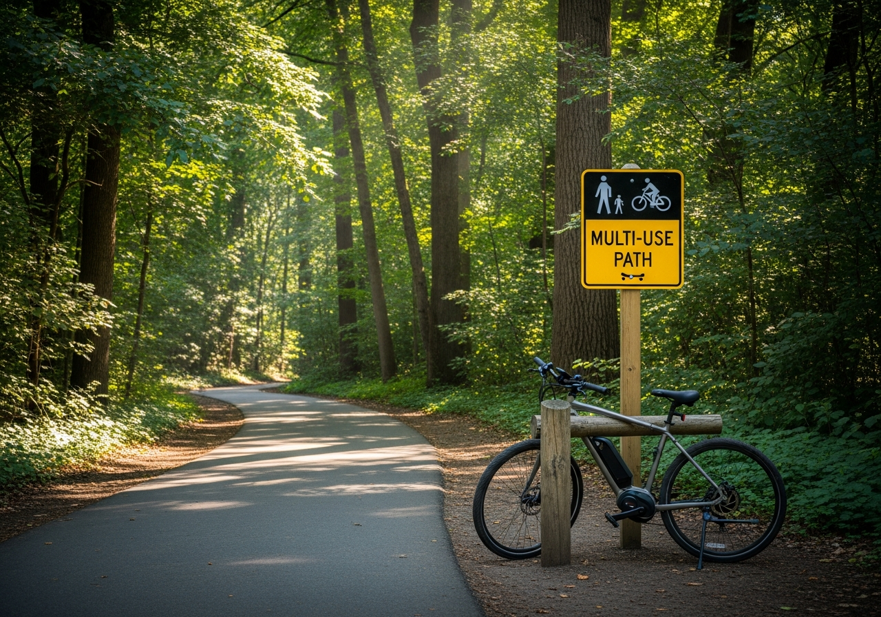 A paved multi-use greenway. The same trail can be governed by city, county, and state rules — each with its own e-bike class restrictions.