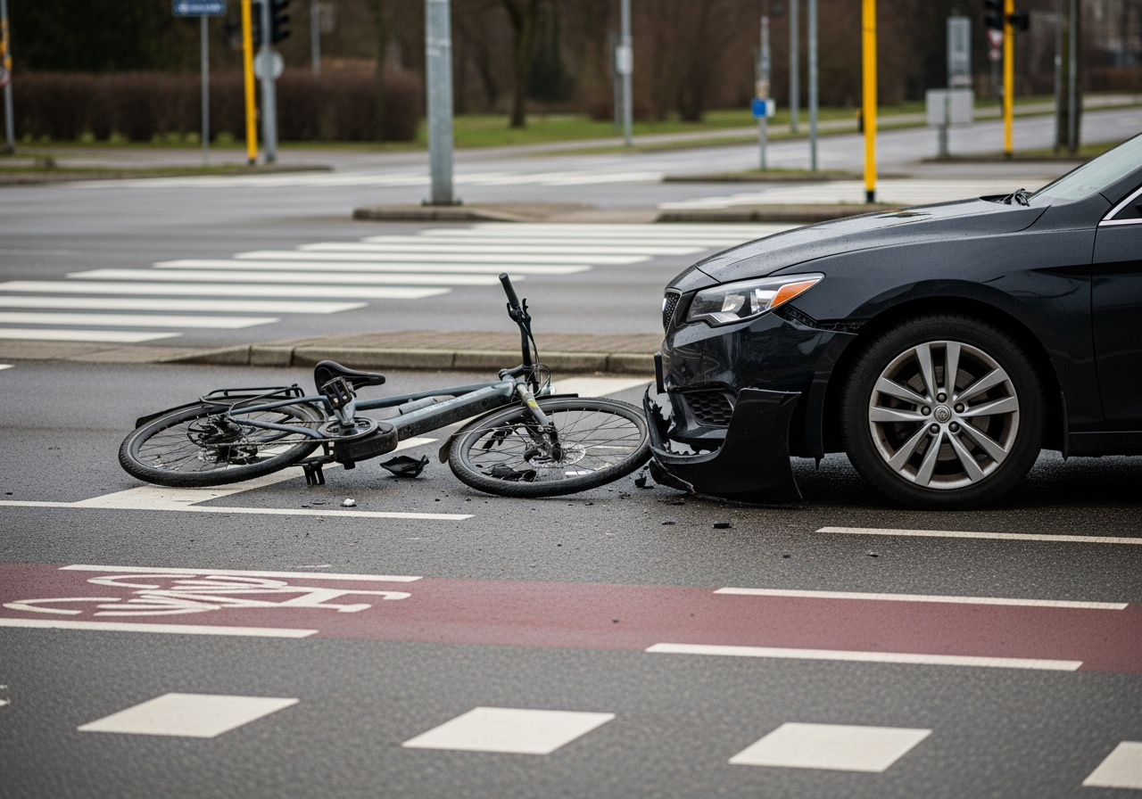 Collision aftermath at a marked urban intersection. The painted bike lane stripes are often the most important piece of physical evidence at the scene.