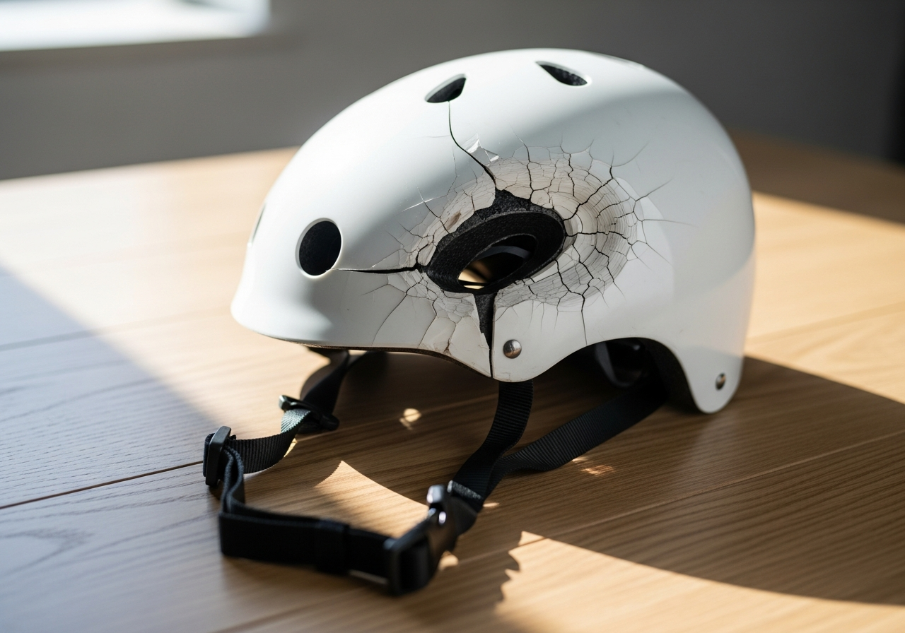 A helmet that has done its job. Damaged helmets are evidence — never throw one away, even if the rider walks away from the scene.
