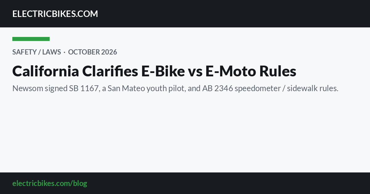 Title card: California Clarifies E-Bike vs E-Moto Rules — ElectricBikes.com Safety/Laws