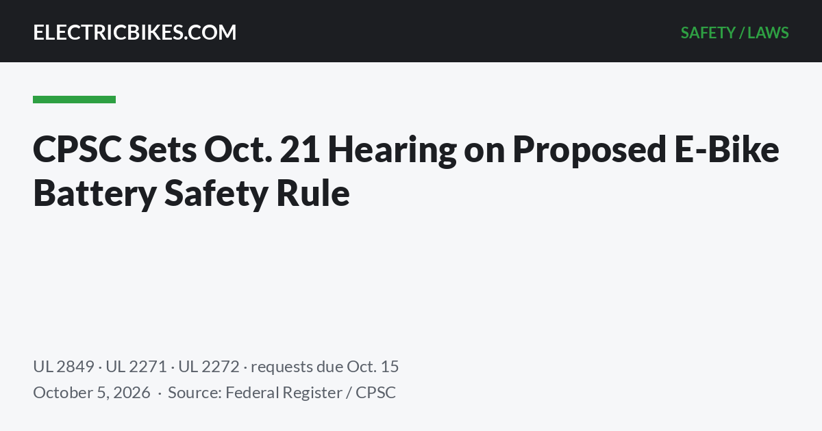 Title card: CPSC Sets Oct. 21 Hearing on Proposed E-Bike Battery Safety Rule — ElectricBikes.com Safety/Laws