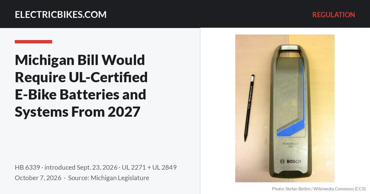 An e-bike lithium-ion battery pack next to a pencil for scale, with the headline Michigan Bill Would Require UL-Certified E-Bike Batteries and Systems From 2027 — ElectricBikes.com Regulation
