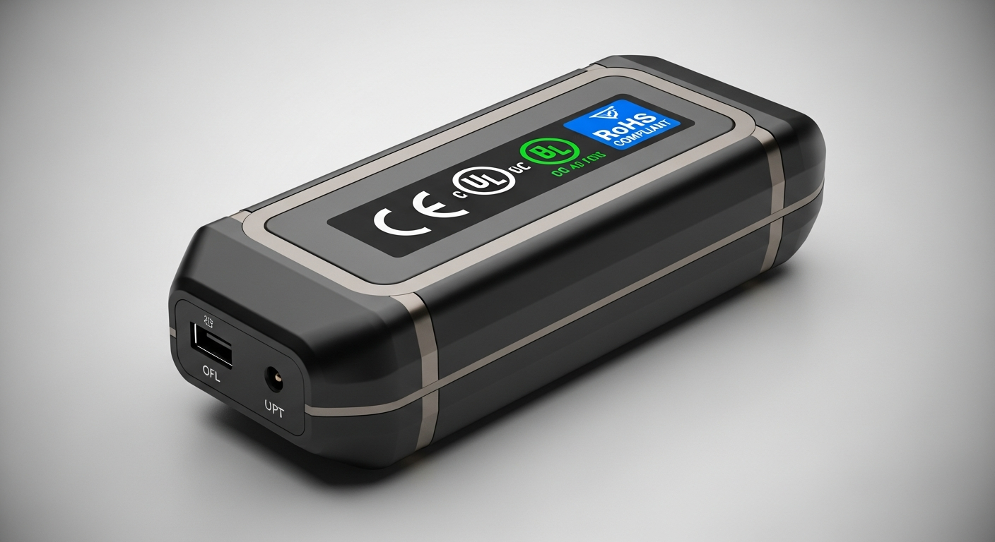 Certification labels live on the battery and near the controller