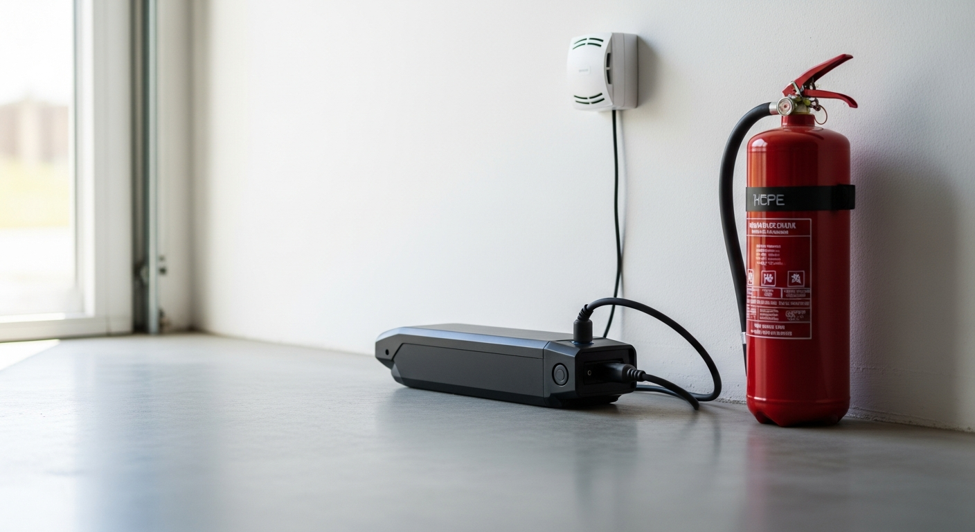 A safe charging station: garage floor, smoke detector overhead, fire extinguisher within reach