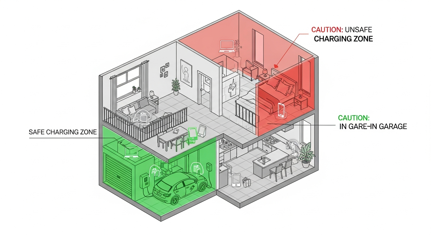 Green = safe charging zones. Red = never charge here.