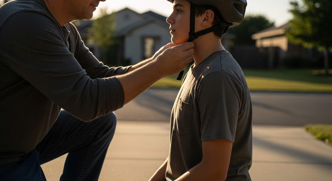 Helmet fit check before every ride — non-negotiable for under-16 riders